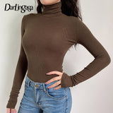 Darlingaga Casual Solid Skinny Turtleneck Long Sleeve Bodysuit Warm Basic Woman Body Fall Winter High Neck Sheer Bodysuits Slim