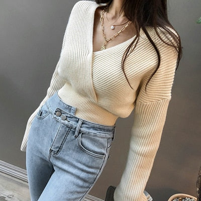 Colorfaith 2020 Autumn Winter Women Sweater V-Neck Sexy Pullovers Minimalist Short Knitted Elegant Korean Ladies Jumpers SW8556